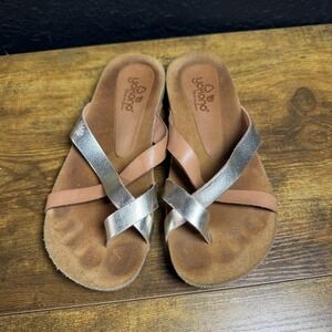 Yokono Shoes Womens Size 6.5 Tan Silver Leather Sandals Slip On Comfort